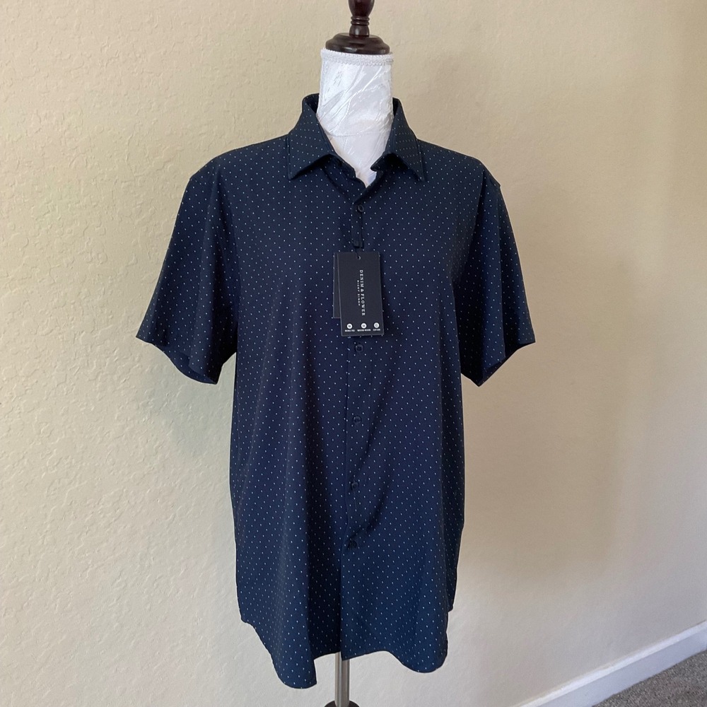 Denim & Flower Ricky Singh Button Up Shirt Mens Large Navy Micro Dot NWT
